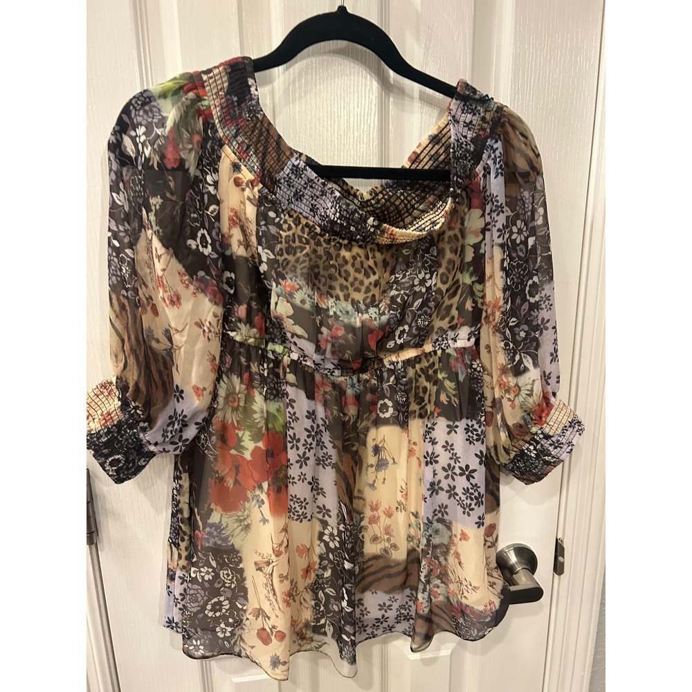 Muse for Boston Proper Blouse Multicolor Patchwork Floral Animal Smocked Top 12